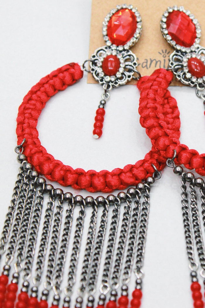 Brinco De Missangas E Macramê Vermelho Yacamim #408