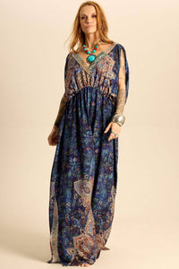 Vestido Longo Com Decote V Azul Estampa Paisley Yacamim