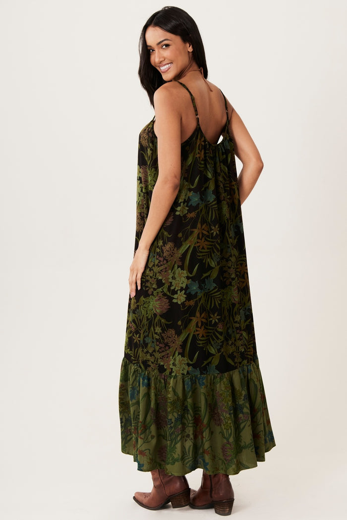 Vestido Longo De Alças Preto E Verde Patchwork Yacamim E20