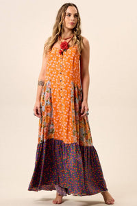 Vestido Longo De Alças Com Fechamento De Botões Laranja Patchwork Yacamim K3