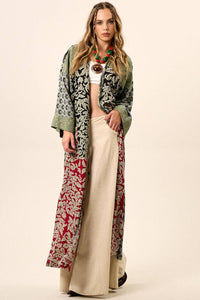 Kimono Longo Com Mangas Longas Amplas Verde Patchwork Yacamim