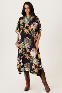 Kaftan Amplo Preto Estampa Floral Yacamim J7
