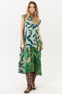 Vestido Midi Com Capuz Verde Estampado Yacamim E1<br />