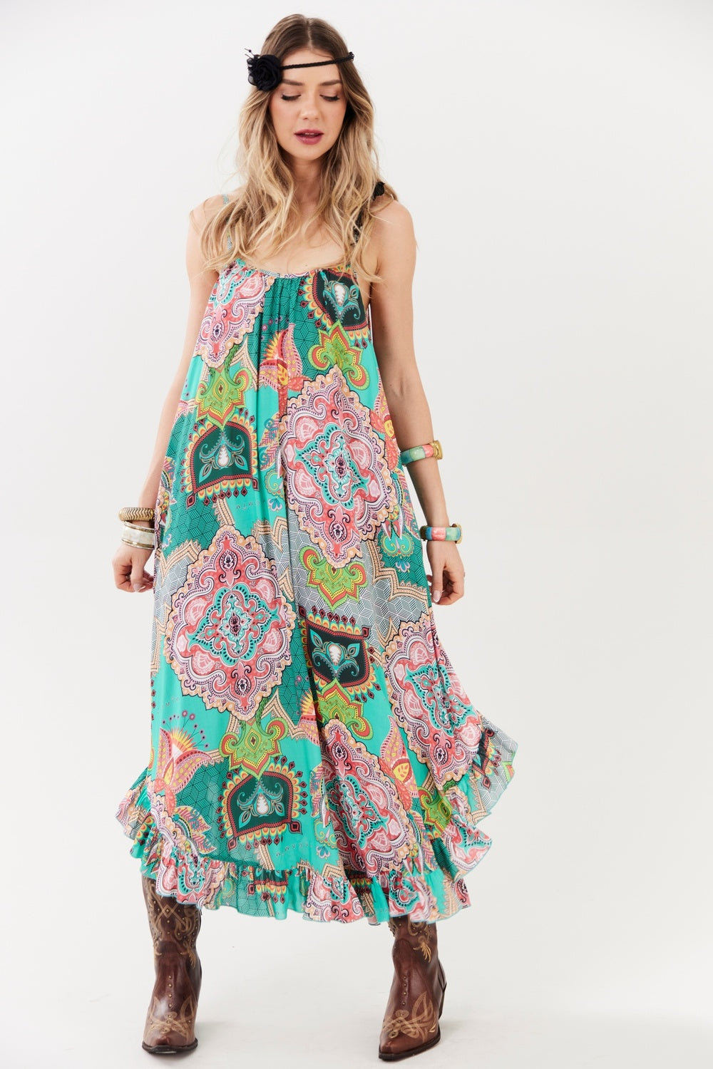 Vestido Longo De Alças Reguláveis Verde Estampado Yacamim C2