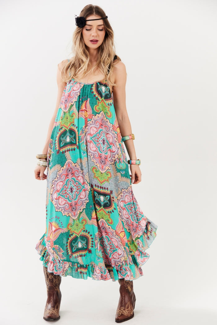 Vestido Longo De Alças Reguláveis Verde Estampado Yacamim C2