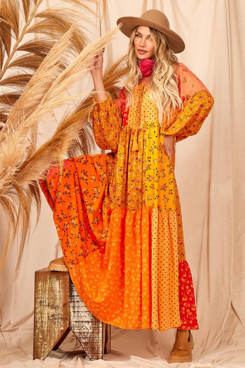 Vestido Longo Com Mangas Longas Bufantes Patchwork Yacamim D10