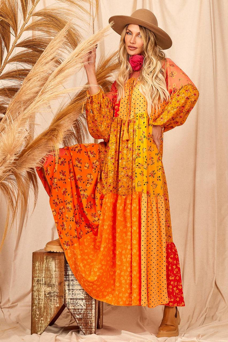Vestido Longo Com Mangas Longas Bufantes Patchwork Yacamim D10