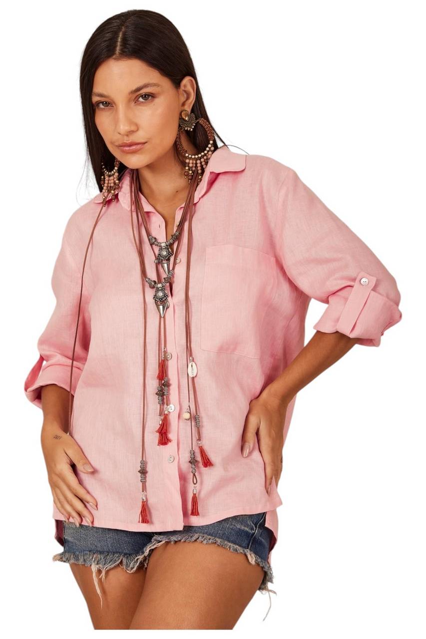 Camisa Básica De Linho Rosa Claro Yacamim A13