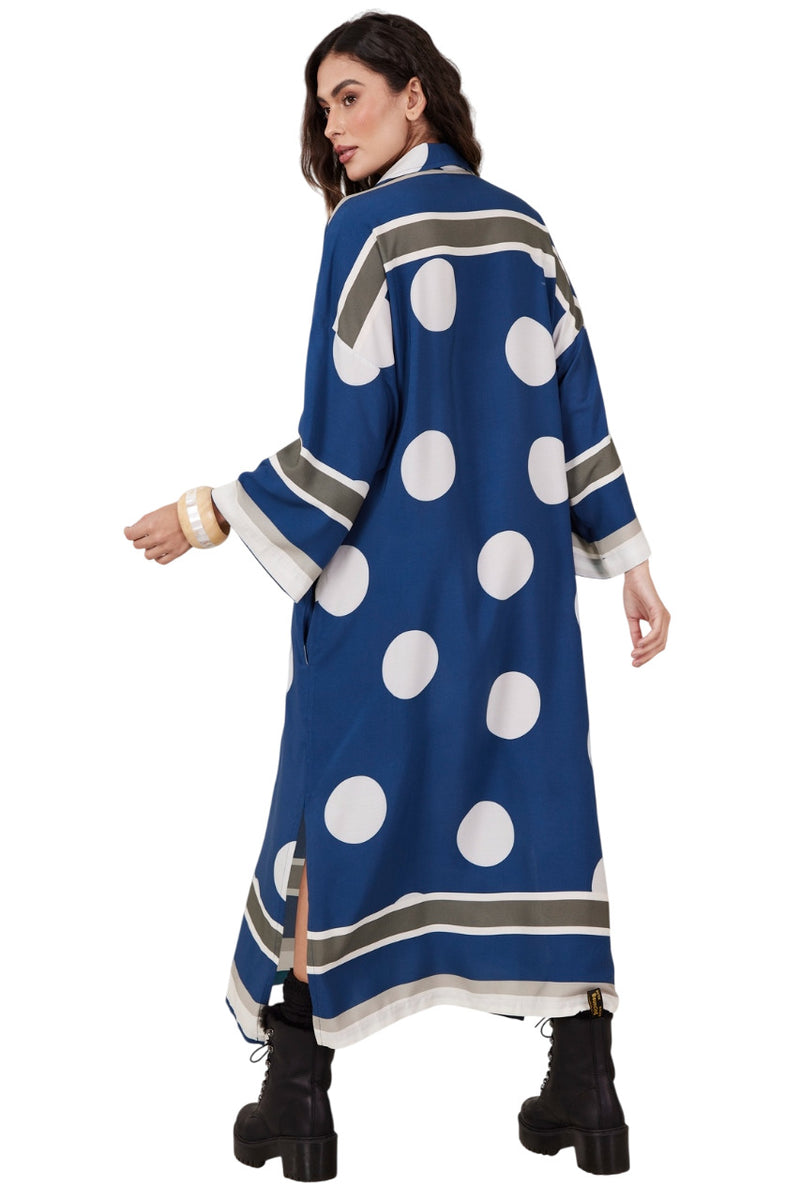 Chemise Midi Amplo Azul Escuro Estampa De Poá Yacamim N8