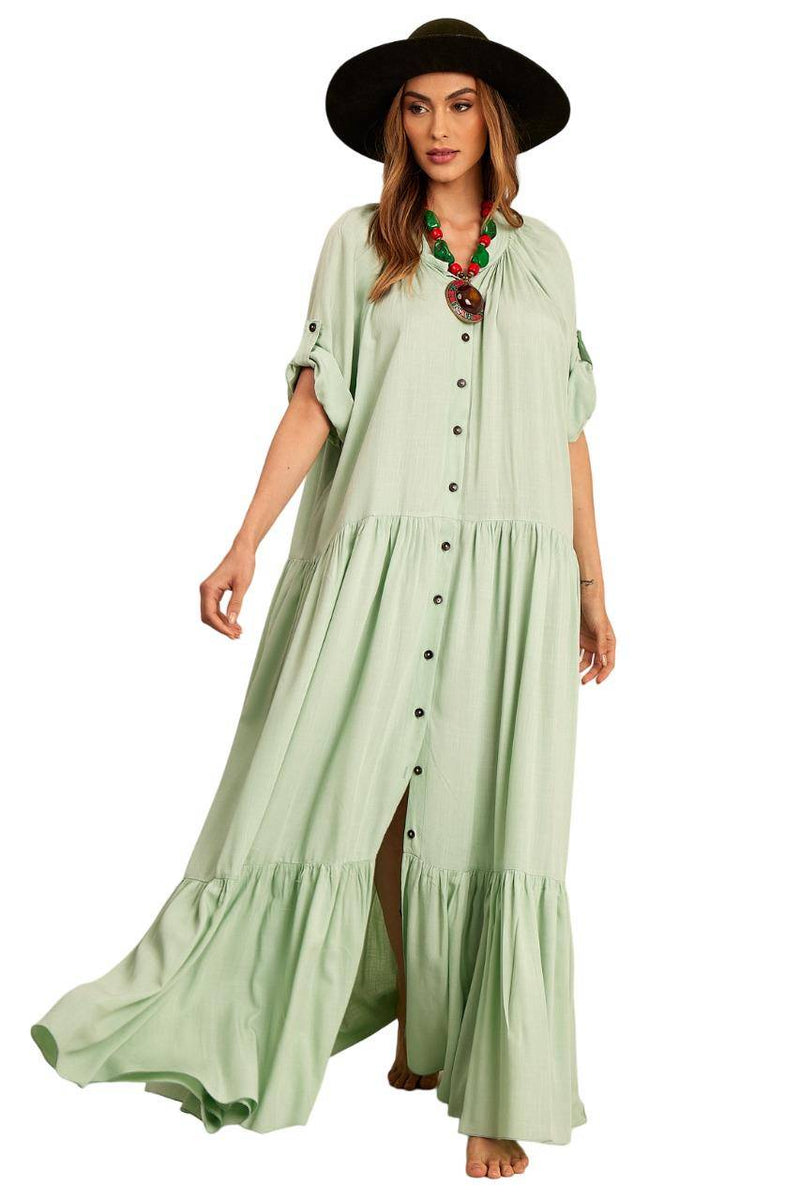 Vestido Chemise Longo Verde Menta Yacamim