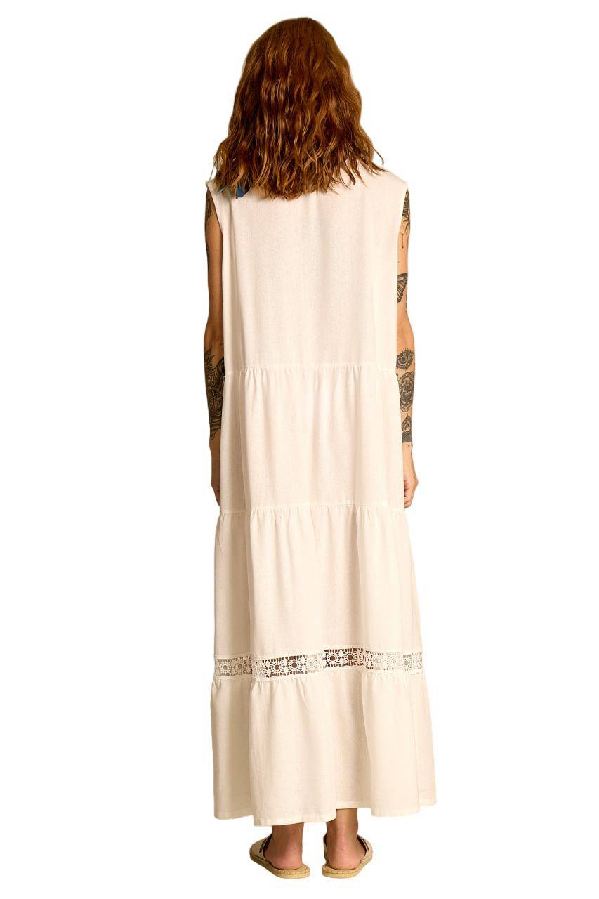 Vestido Midi De Linho Sem Mangas Branco Yacamim D4