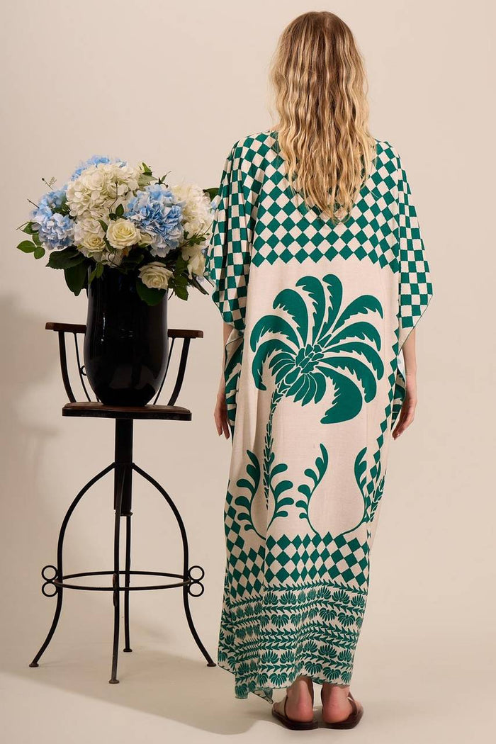 Kaftan Amplo Longo Decote Canoa Verde Estampado Yacamim J2