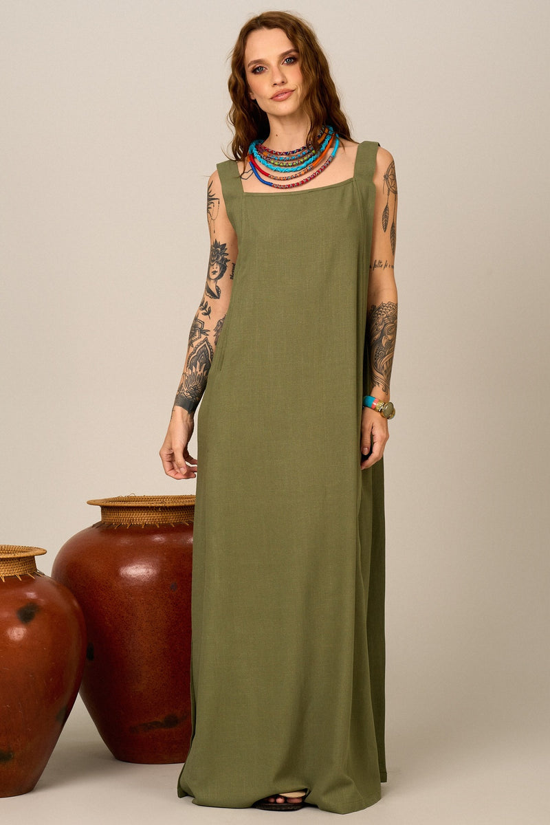 Vestido Longo De Alças Largas Com Fendas Verde Yacamim D10