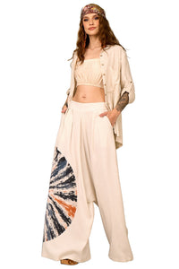 Calça Saruel De Viscolinho Bege Estampa Mandala Yacamim H5