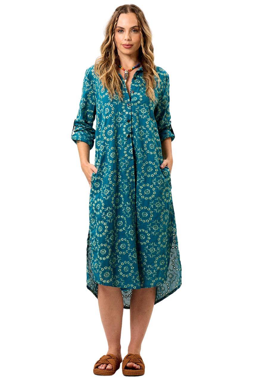 Chemise Broderie Midi Com Mangas 3/8 Verde Escuro Yacamim