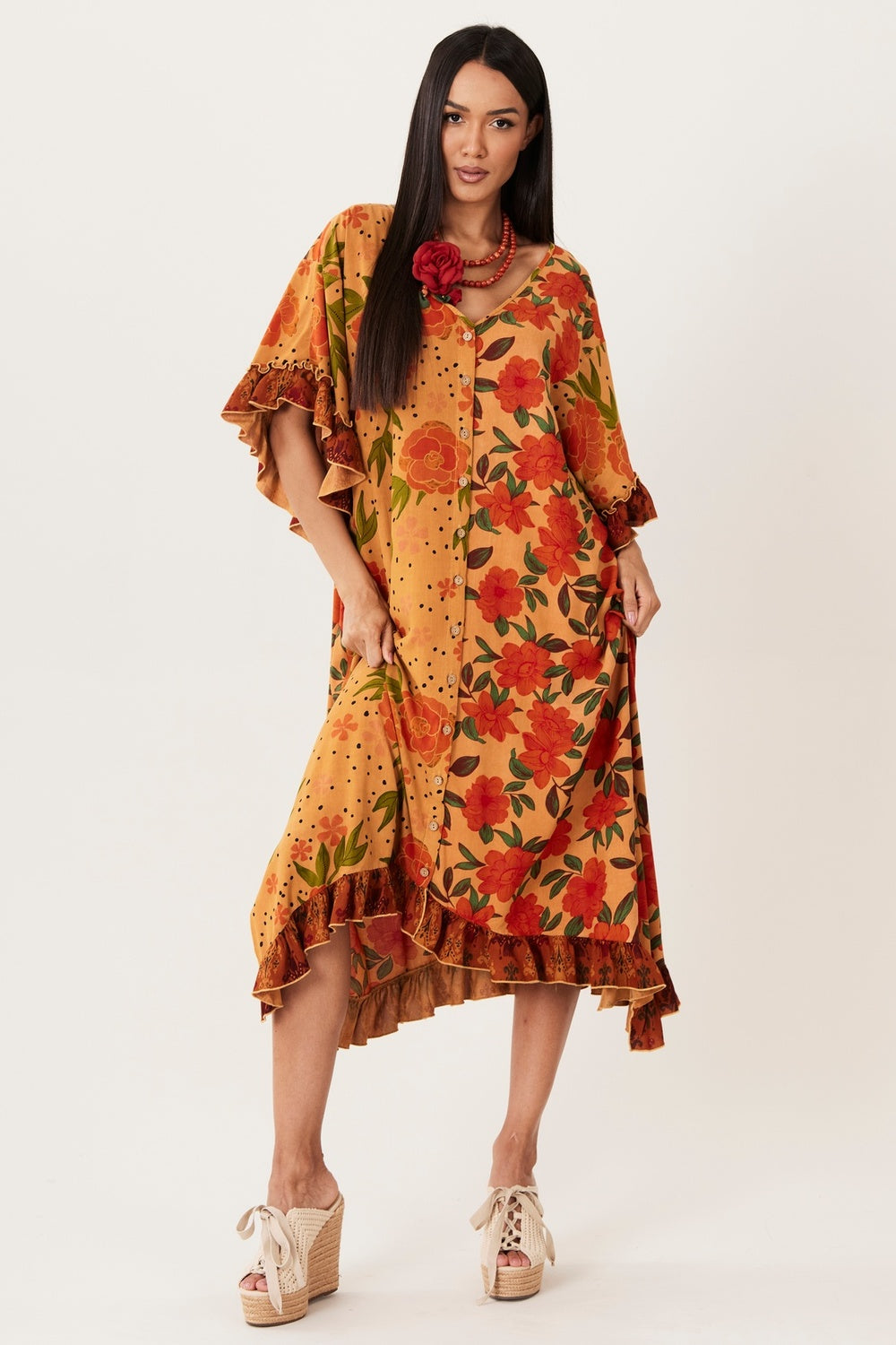 Kaftan Midi Com Mangas 3/4 Marrom Claro Patchwork Yacamim I9