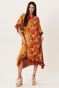 Kaftan Midi Com Mangas 3/4 Marrom Claro Patchwork Yacamim I9