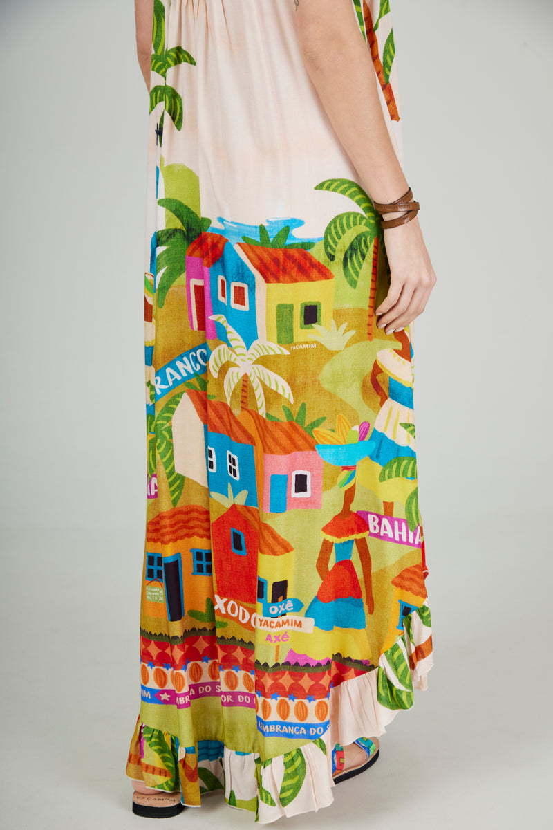 Vestido Midi Alças Reguláveis Bege Estampado Coleção Bahêa Yacamim R7