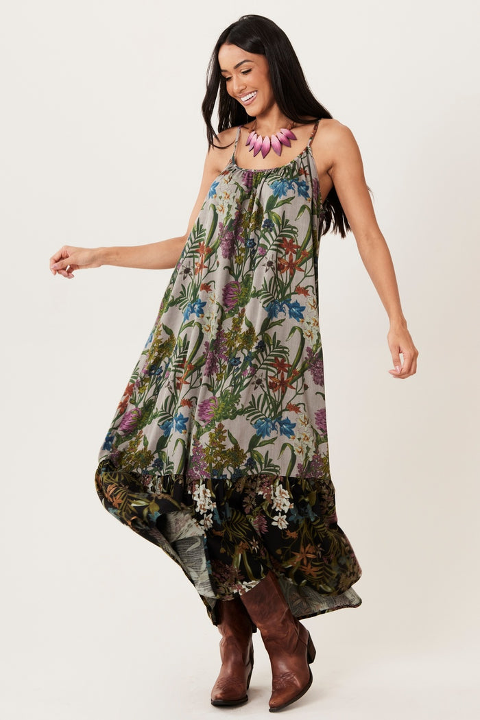 Vestido Longo Alças Reguláveis Babado Cinza E Preto Yacamim C26