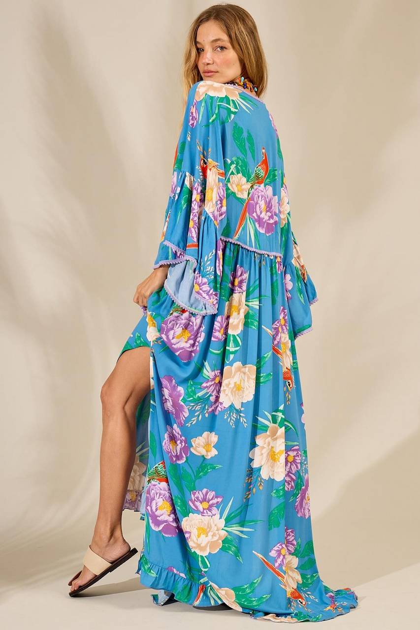 Vestido Longo Com Mangas Longas Flare Azul Claro Estampado Yacamim