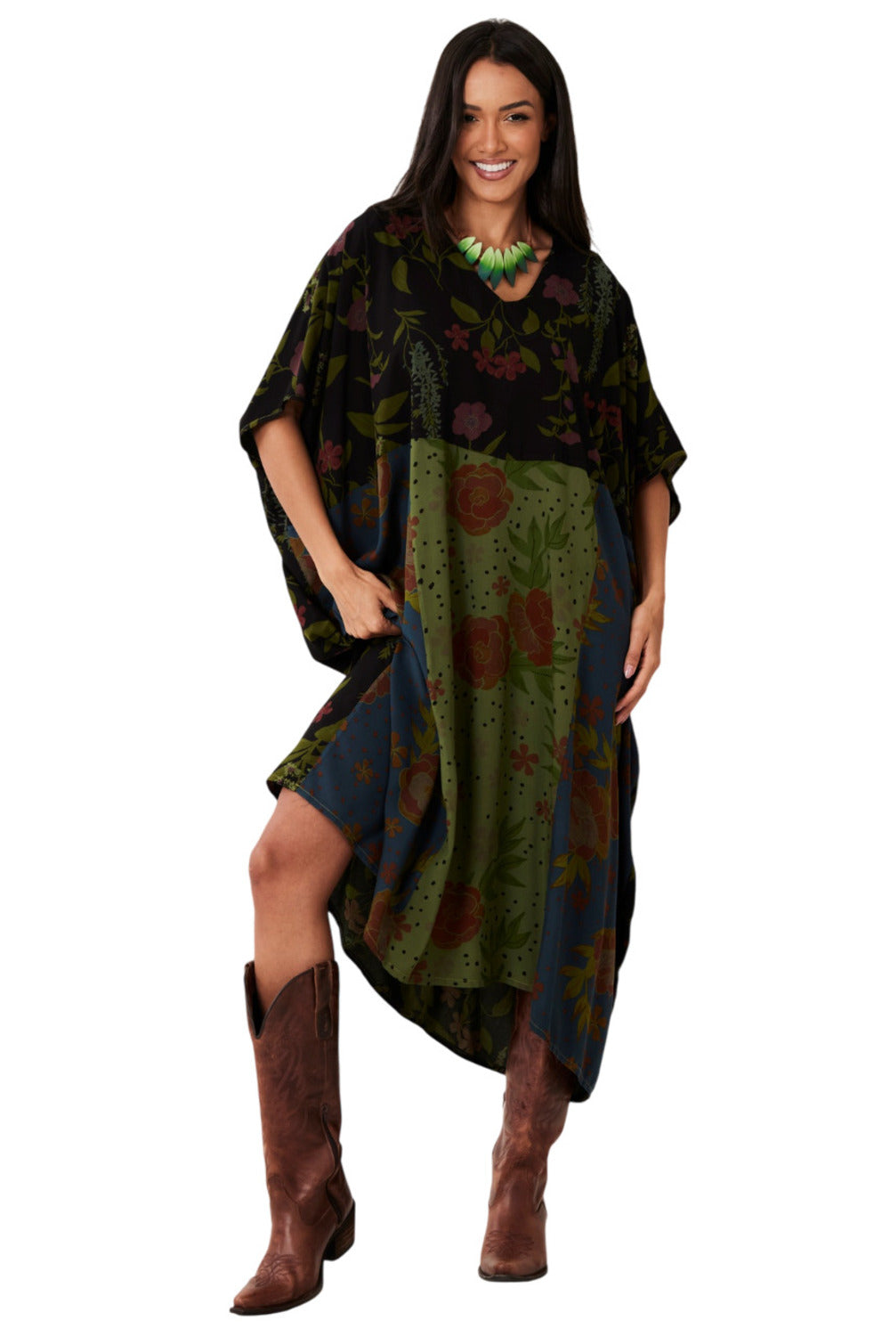 Kaftan Midi Preto E Verde Patchwork Yacamim I1