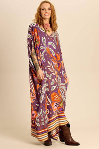 Kaftan Longo Amplo Com Decote Em V Roxo Escuro Estampado Yacamim J6