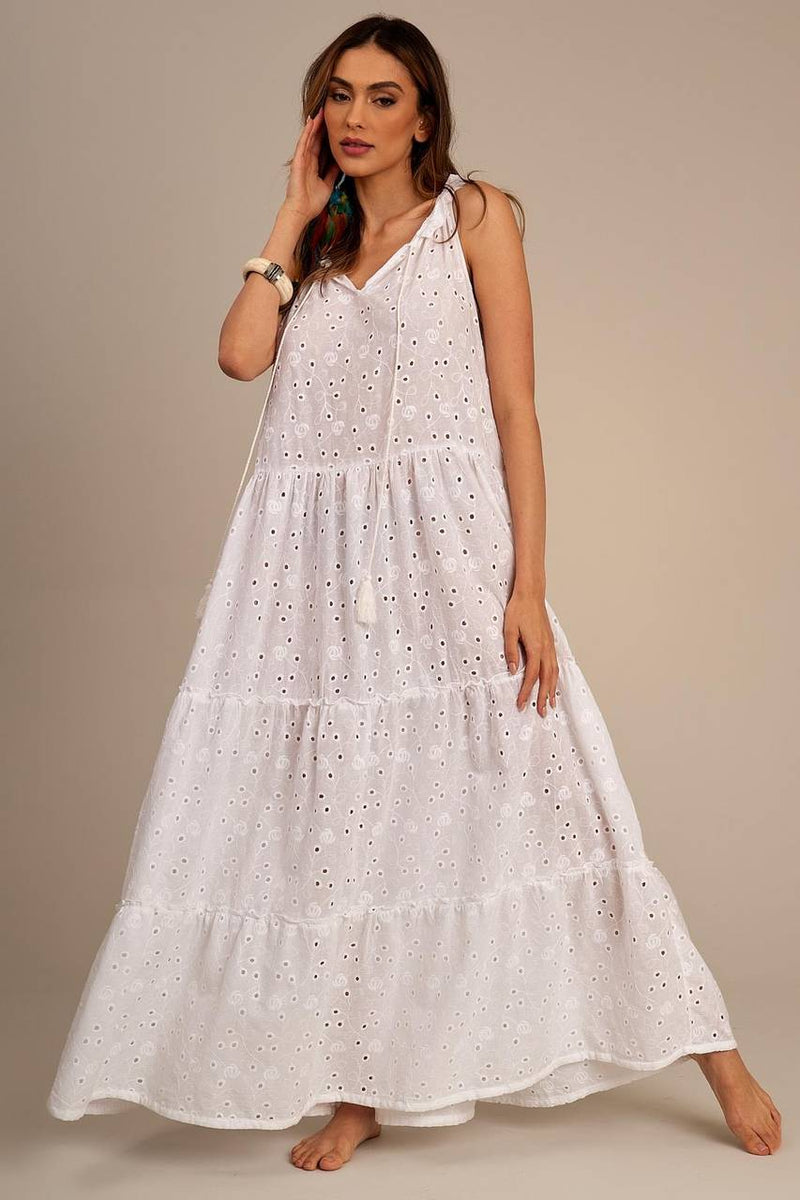 Vestido Longo Sem Mangas Broderie Branco Yacamim D1