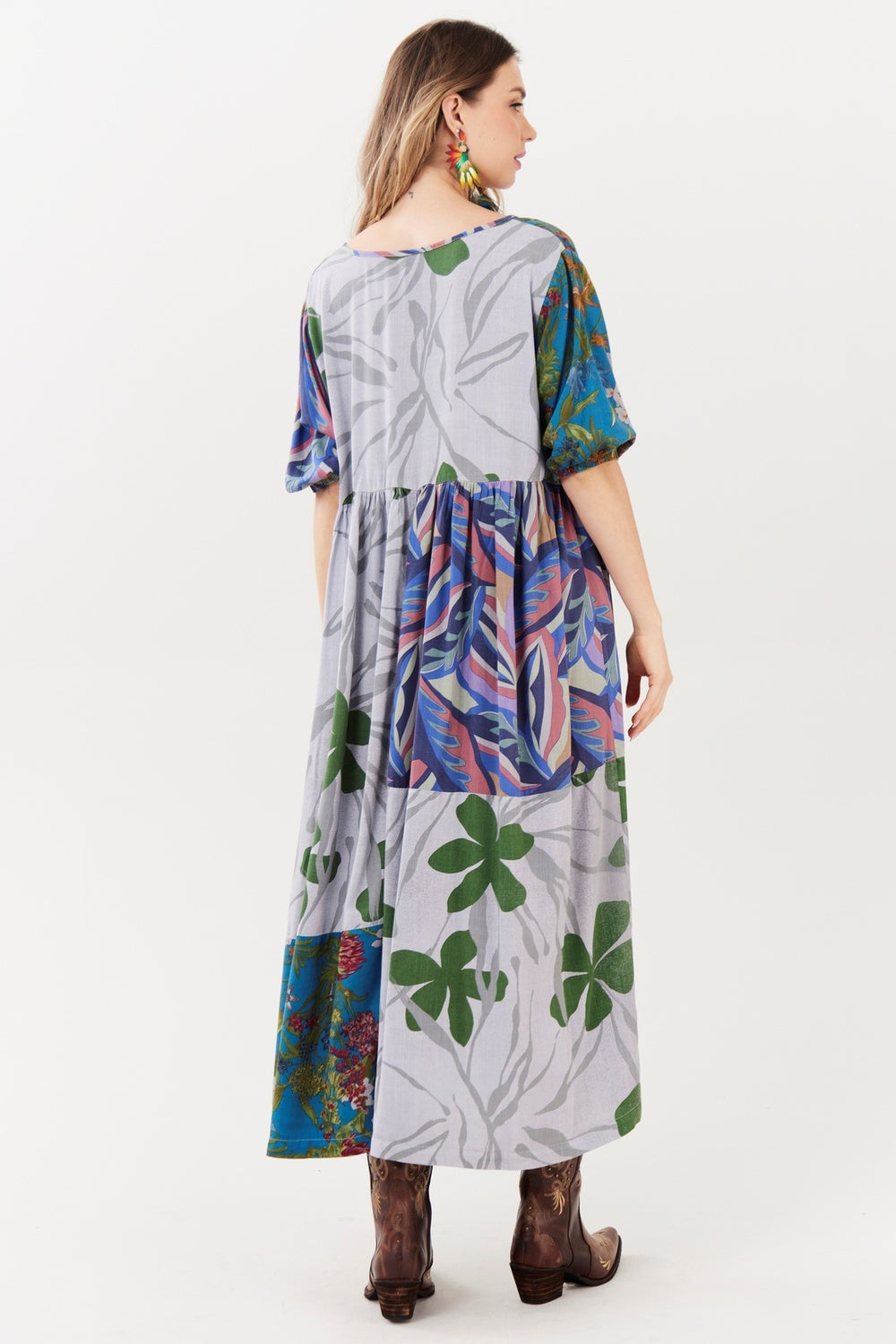 Vestido Midi Cinza Claro E Azul Patchwork Yacamim C4