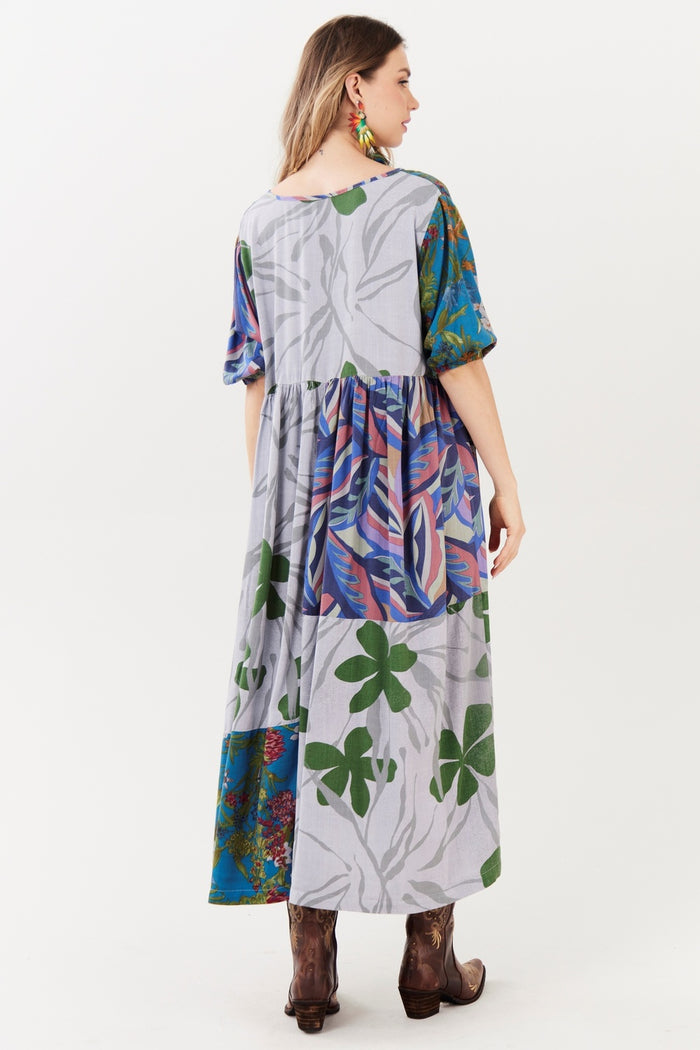 Vestido Midi Cinza Claro E Azul Patchwork Yacamim C4