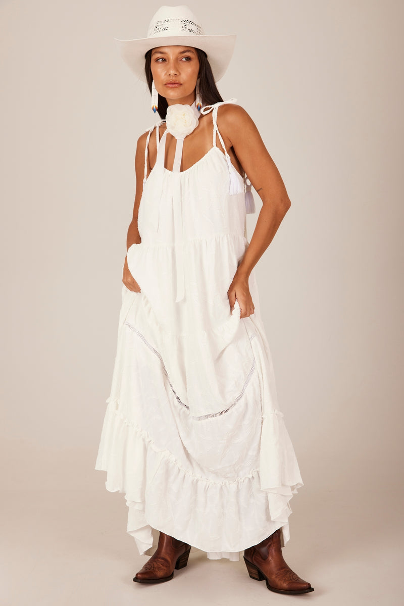 Vestido Longo Com Alças De Amarrar Branco Yacamim D26