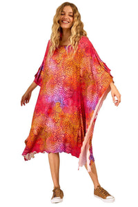 Kaftan Amplo Midi Com Decote Amplo Rosa Estampado Yacamim J3