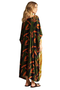 Kaftan Amplo Com Decote Em V Verde Patchwork Yacamim K5