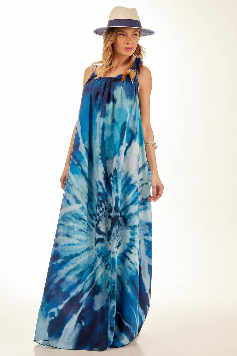 Vestido Longo Azul Estampa Digital Tie Dye Yacamim