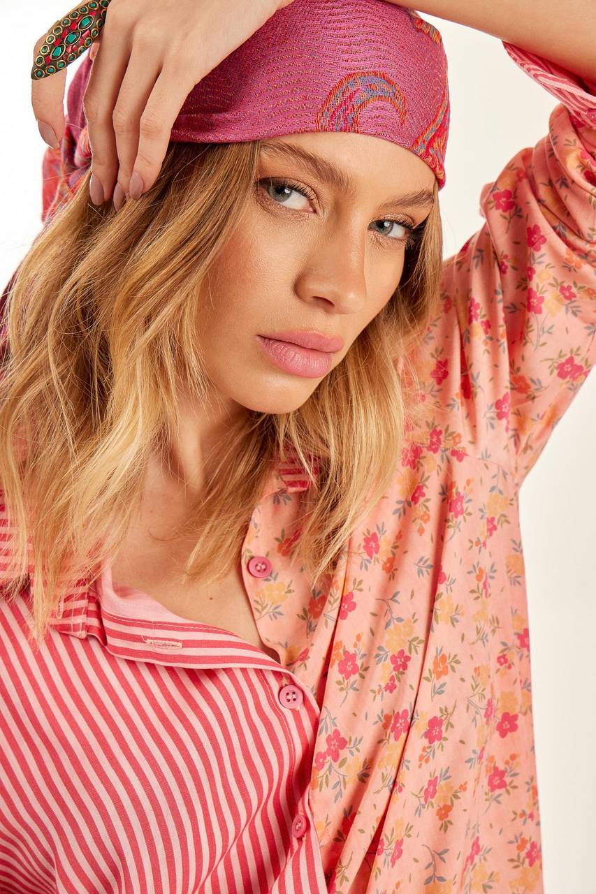 Chemise Composê Rosa Listrado Patchwork Yacamim