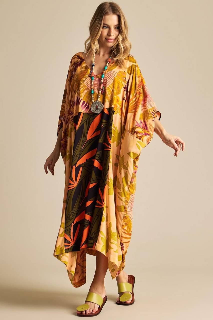 Kaftan Amplo Decote V Laranja Patchwork Yacamim