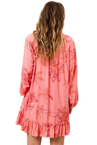 Vestido Chemise Curto Com Mangas Longas Bufantes Rosa Estampado Yacamim E17