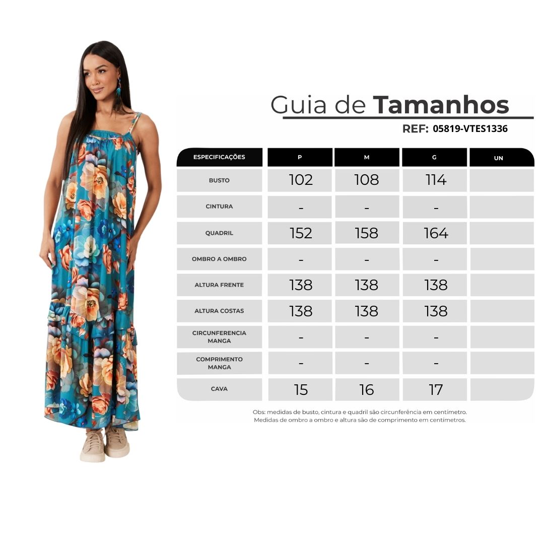 Vestido Longo Alças Com Top Turquesa Estampado Yacamim D29