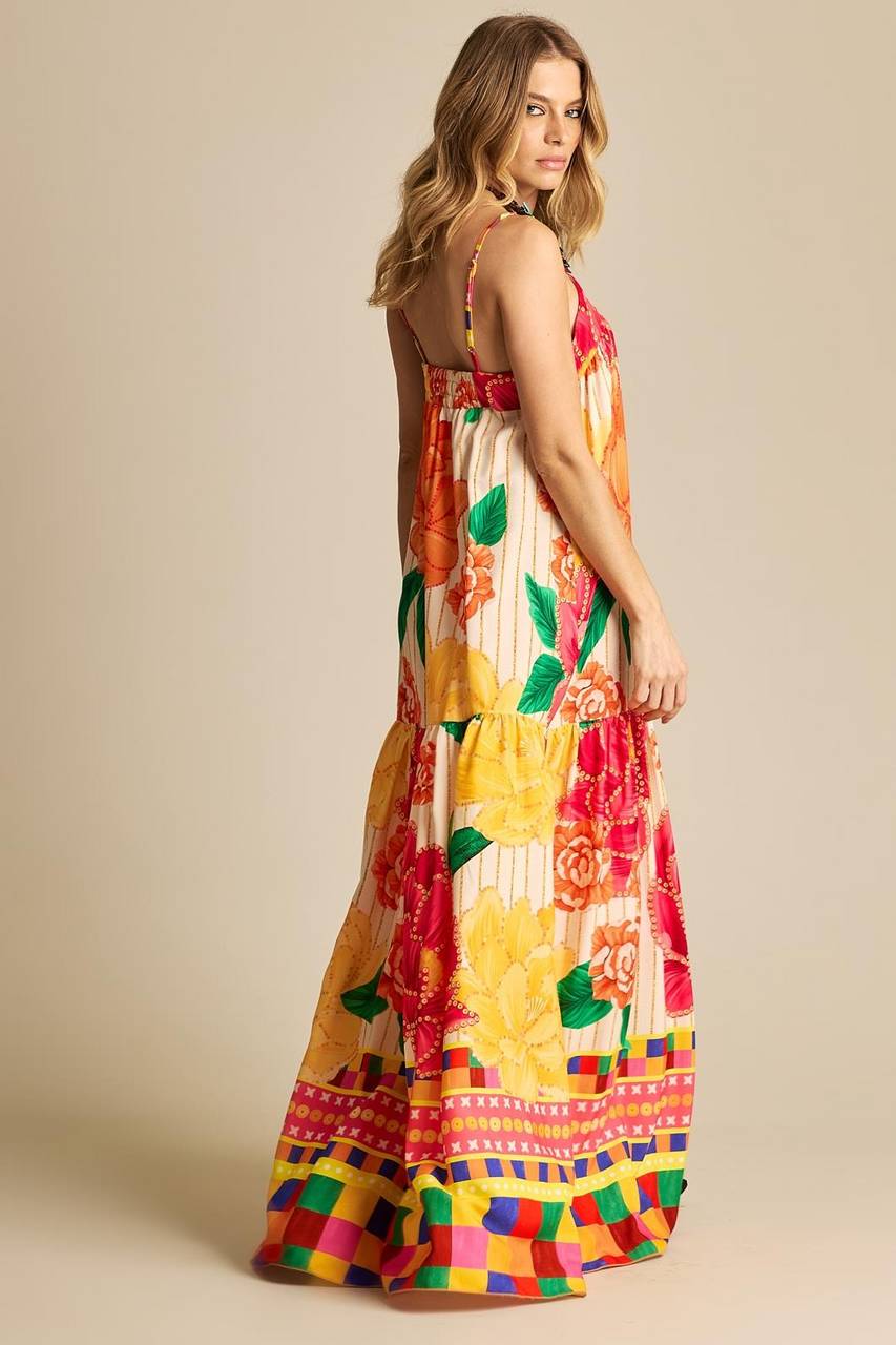 Vestido Longo Com Alças Reguláveis Floral Estampado Yacamim E4