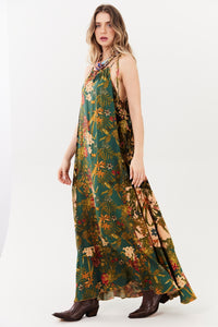 Vestido Longo Verde Escuro Estampado Patchwork Yacamim E8