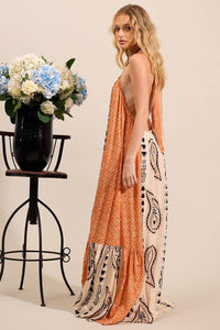 Vestido Longo Frente Única Laranja Estampa Paisley Yacamim