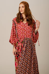 Vestido Longo Amplo Rosa Estampado Patchwork Yacamim D7