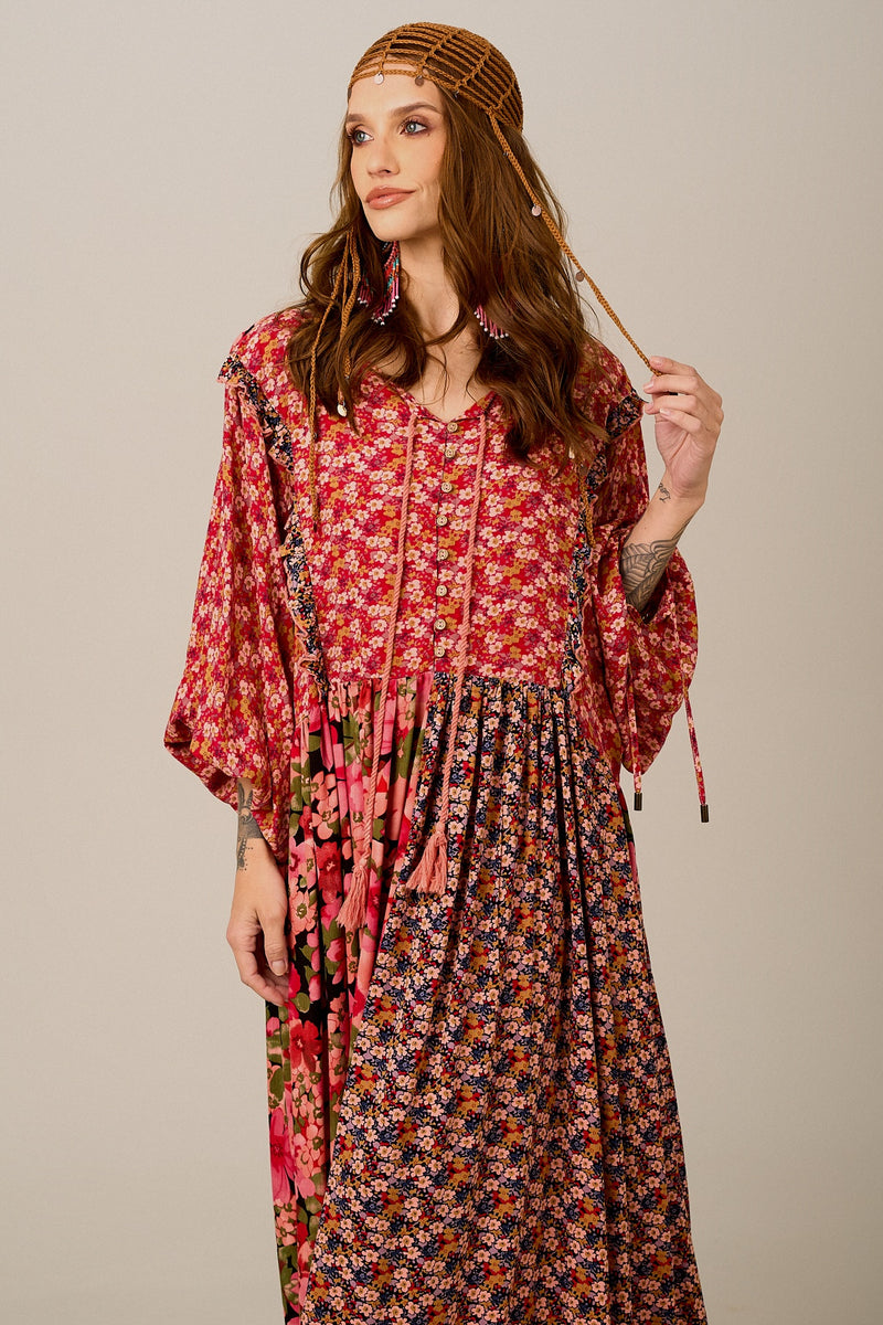 Vestido Longo Amplo Rosa Estampado Patchwork Yacamim D7