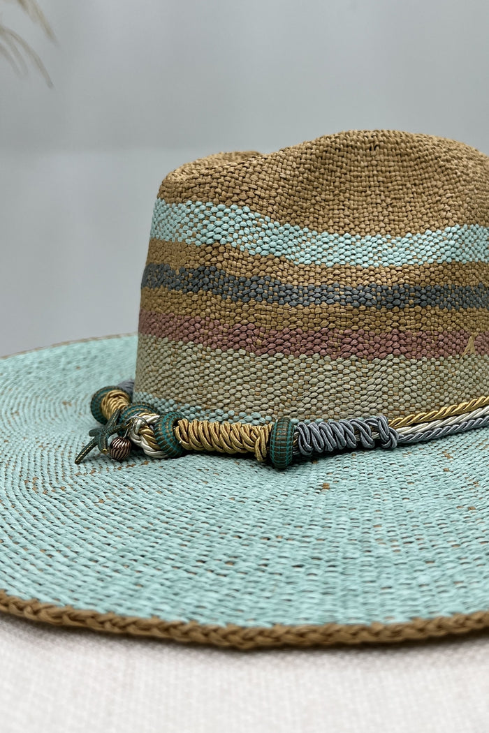 Chapéu De Palha Azul Turquesa Com Detalhes De Cordas Yacamim #197