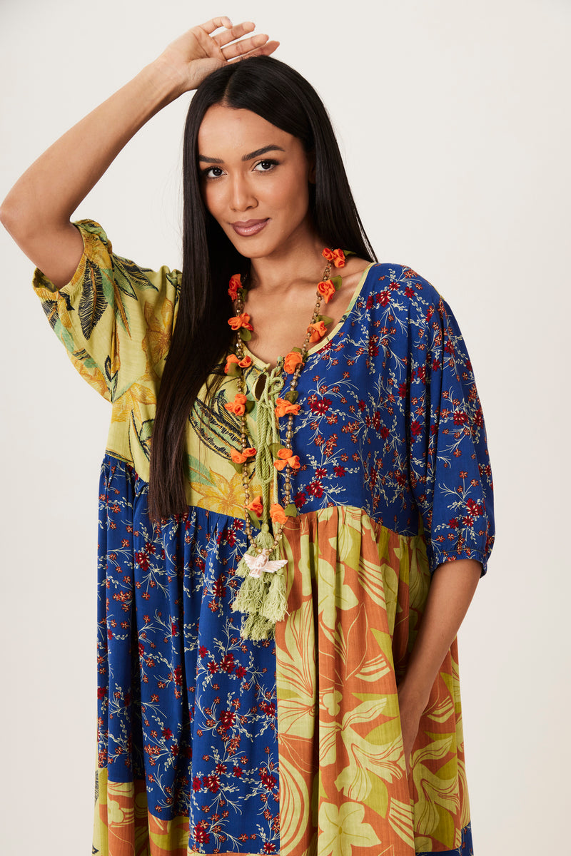 Vestido Midi Trançado Verde E Azul Patchwork Yacamim D26