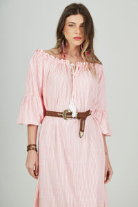 Vestido Midi Ciganinha Com Cordão Rosa Listrado Yacamim D22