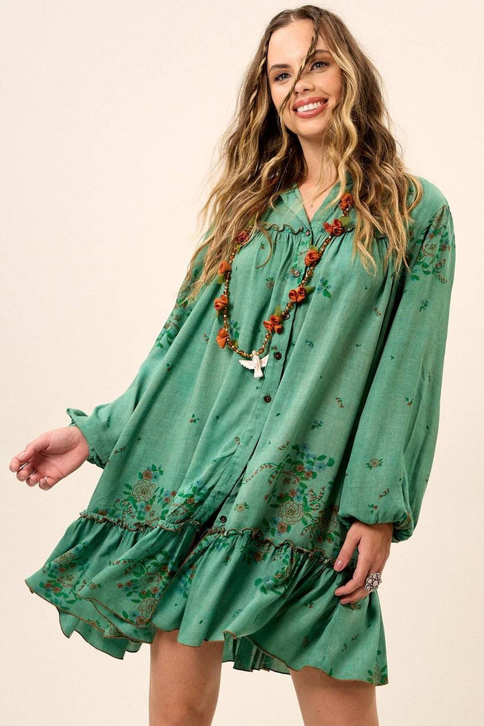 Vestido Chemise Curto Com Mangas Longas Bufantes Verde Estampado Yacamim