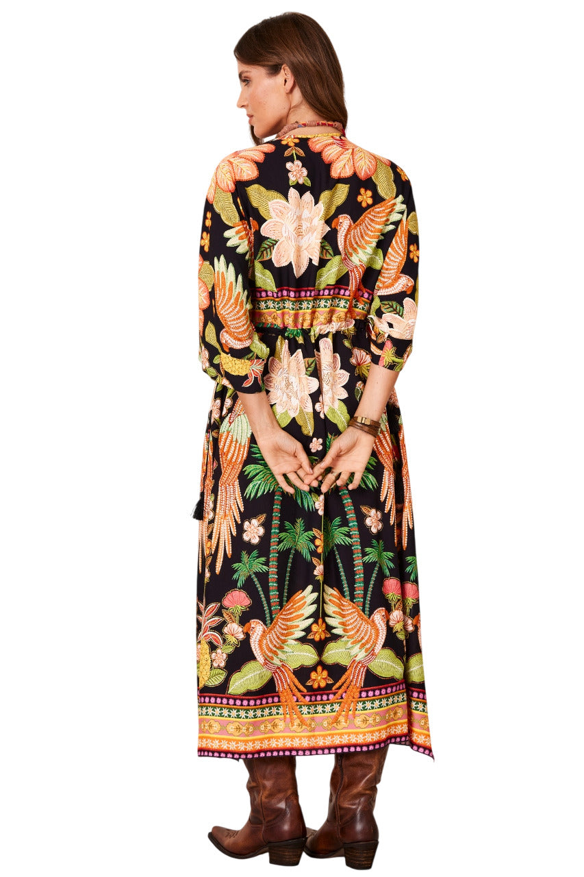 Kaftan Midi Preto E Laranja Estampa Tropical Yacamim J5
