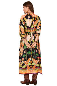 Kaftan Midi Preto E Laranja Estampa Tropical Yacamim J5