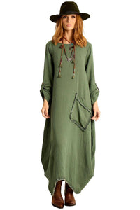 Vestido Longo Com Mangas Longas Verde Militar Yacamim