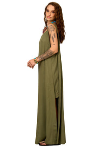 Vestido Longo De Alças Largas Com Fendas Verde Yacamim D10